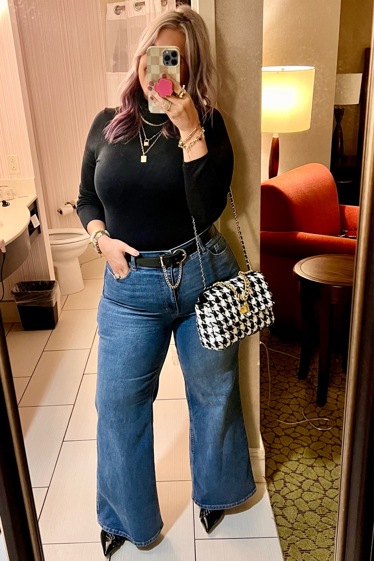 ✨SIZING•PRODUCT INFO✨
⏺ Wide leg jeans // medium wash wide straight leg jeans with high waist, size 16, TTS @walmartfashion 
⏺ Satchel Bag // black and white houndstooth shoulder bag with mixed metals - gold & gunmetal @amazonfashion 
⏺ Kitten heel booties // shiny faux patent leather black pointy toe boots, TTS 
⏺ Black belt with gold chain •• mine no longer available from @walmartfashion but linked similar option(s) from @amazonfashion 
⏺ Gold layered necklaces •• mine no longer available from @express but linked similar option(s) from @amazon 
⏺ Gold spike earrings hoops @amazon 

#walmart #walmartfashion #walmartstyle  walmart fashion, walmart style, walmart outfit, walmart look, walmart fashion, found it at walmart, walmart fashion finds, walmart summer, walmart winter, walmart fall, walmart spring, walmart new arrivals, walmart outfit, walmart outfit inspo, walmart outfit inspiration, walmart curves, walmart curvy, curvy walmart, midsize walmart, walmart midsize, walmart ootd, walmart shopping, new at walmart 
#under10 #under20 #under30 #under40 #under50 #under60 #under75 #under100
#affordable #budget #inexpensive #size14 #size16 #size12 #medium #large #extralarge #xl #curvy #midsize #pear #pearshape #pearshaped
budget fashion, affordable fashion, budget style, affordable style, curvy style, curvy fashion, midsize style, midsize fashion


#LTKWorkwear #LTKMidsize #LTKFindsUnder50