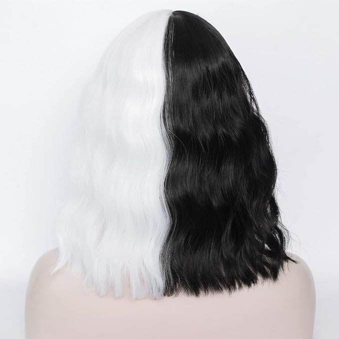 Mersi Black White Wig Cruella Deville Wig Short Wavy Bob Wigs for Cruella Deville Costume Women N... | Amazon (US)