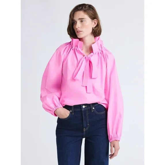 Free Assembly Women's and Women's Plus Size Ruffle Neck Cotton Top with Long Sleeves, XS-4X | Walmart (US)