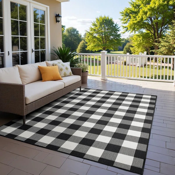 Crawfordville Plaid Indoor / Outdoor Area Rug in Black/Ivory | Wayfair North America
