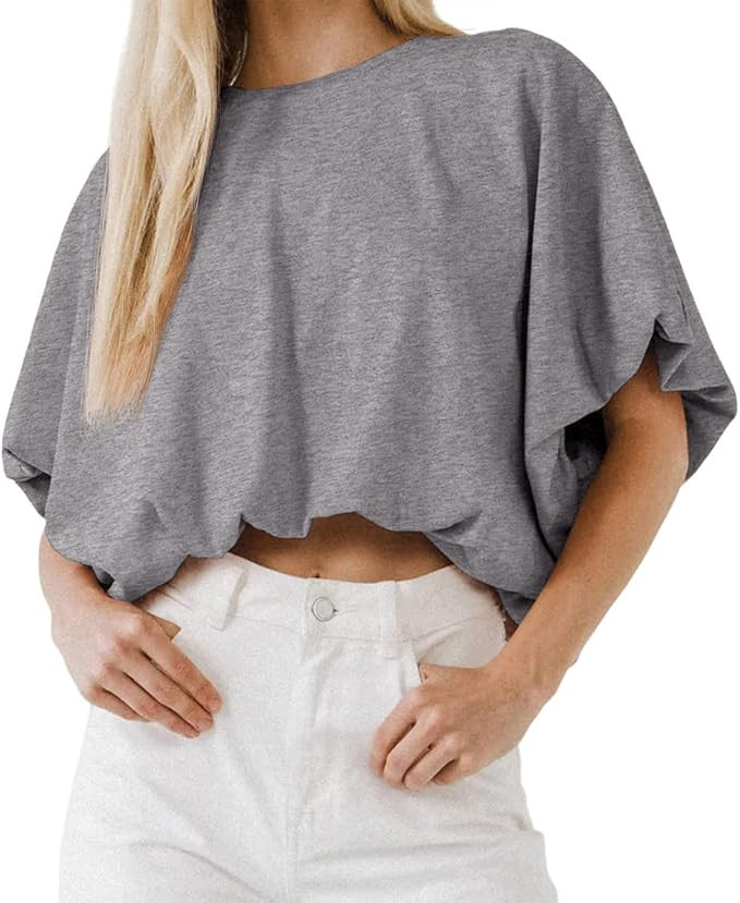 Womens Summer Crewneck Crop Tops Short Sleeve Casual Loose Cropped T Shirts | Amazon (US)