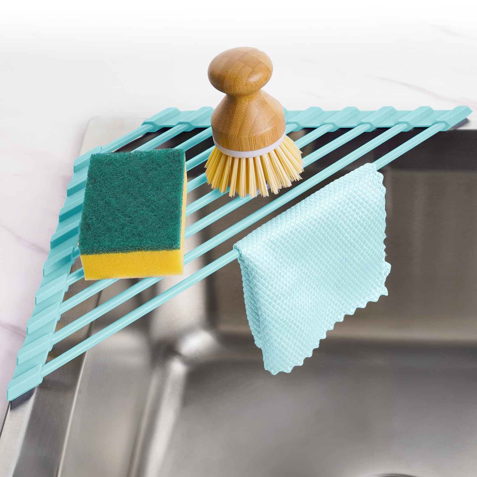 Tomorotec Compact Silicone-Coated Triangle Dish Drying Rack for Sink Corner - Foldable Stainless Steel Over-The-Sink Organizer and Storage Shelf (Mint Green) | Amazon (US)