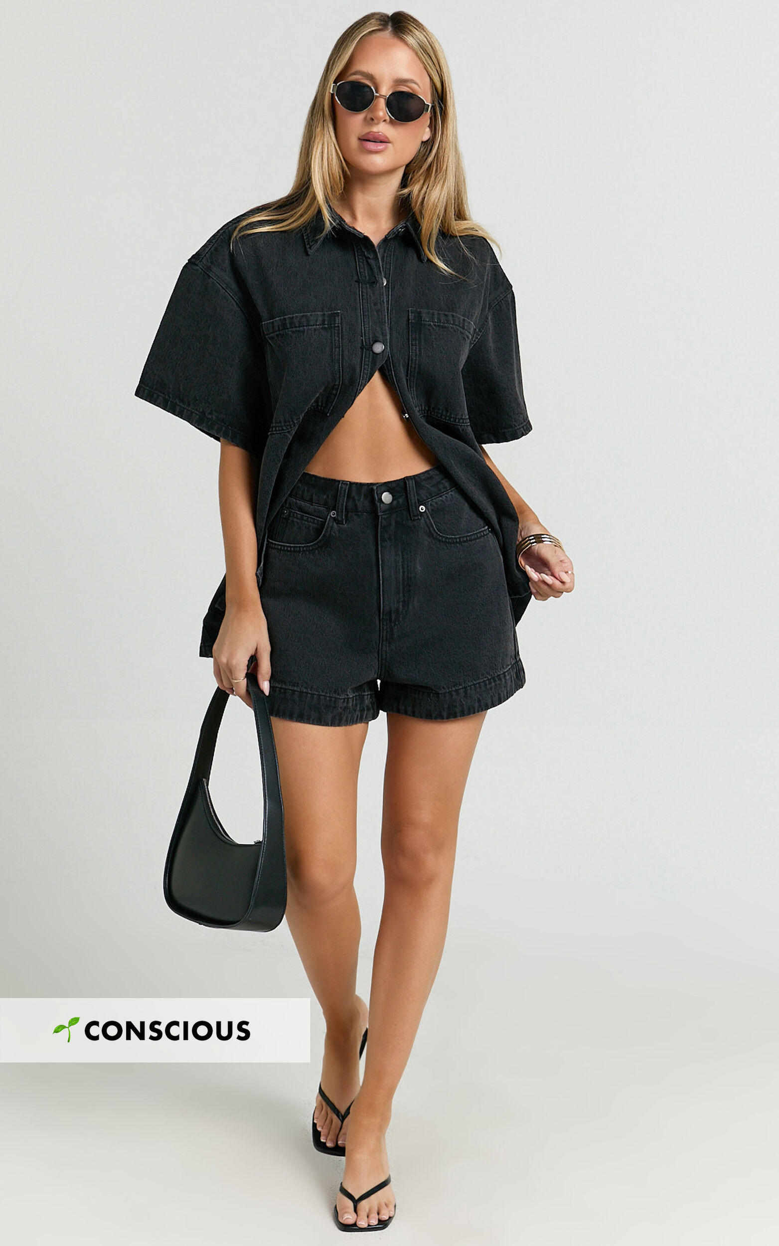 RHIANNA SHORTS - MID WAIST RECYCLED DENIM SHORTS IN WASHED BLACK | Showpo (US, UK & Europe)
