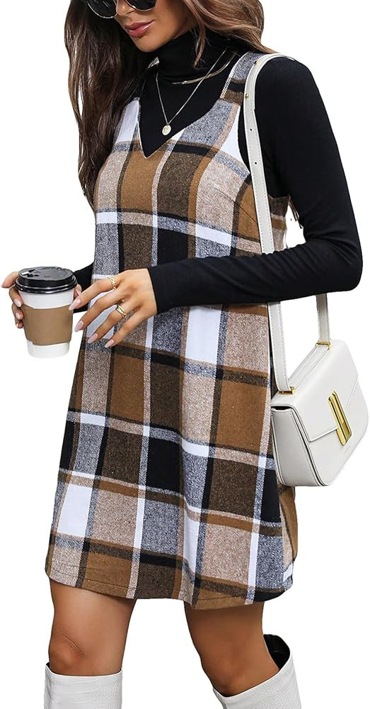 SOLY HUX Women's Plaid Pinafore Overall Dress Fall Casual Sleeveless V Neck Straight Short Jumper... | Amazon (US)