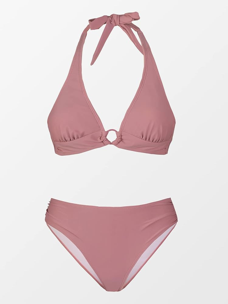 CUPSHE Women Halter Bikini Swimsuit O Ring Self Tie Ruched Mid Waisted Two Piece Bathing Suit | Amazon (US)