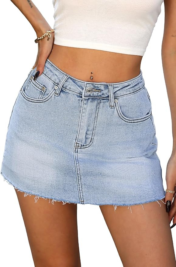 ELLEVEN Denim Skirt with Shorts Mini Skort - Casual Jean Skirts with Raw Hem & Pockets | Amazon (US)