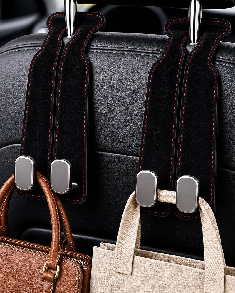 Car Headrest Hooks, 2 Pack Suede Leather Seat Hooks for Purses and Bags, Dual Hook Purse Holder f... | Amazon (US)