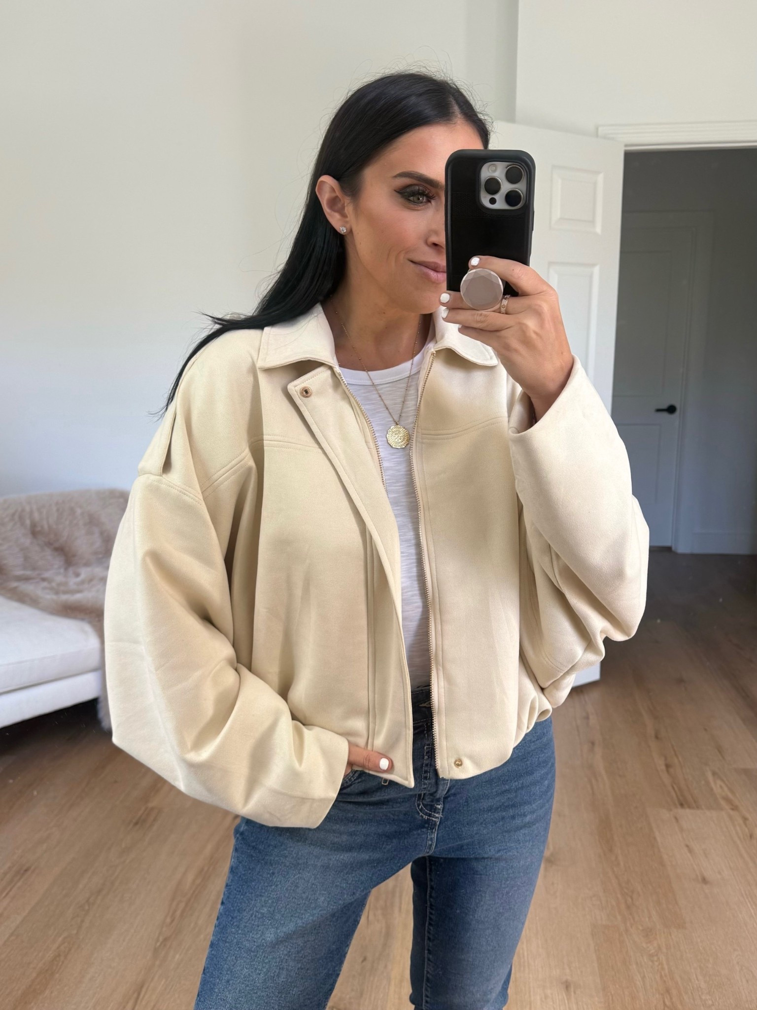 Faux Suede Bomber Jacket wearing size medium. 