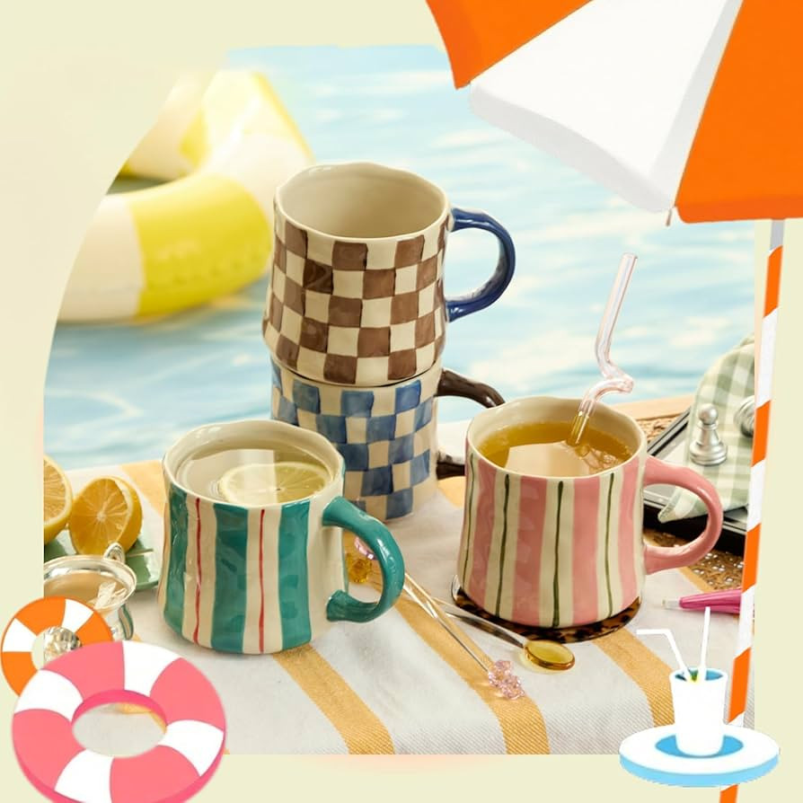 Retro Checkered Ceramic Coffee Mug 16Oz - Extra Large Handle, Microwave Safe Vintage Patterned Te... | Amazon (US)