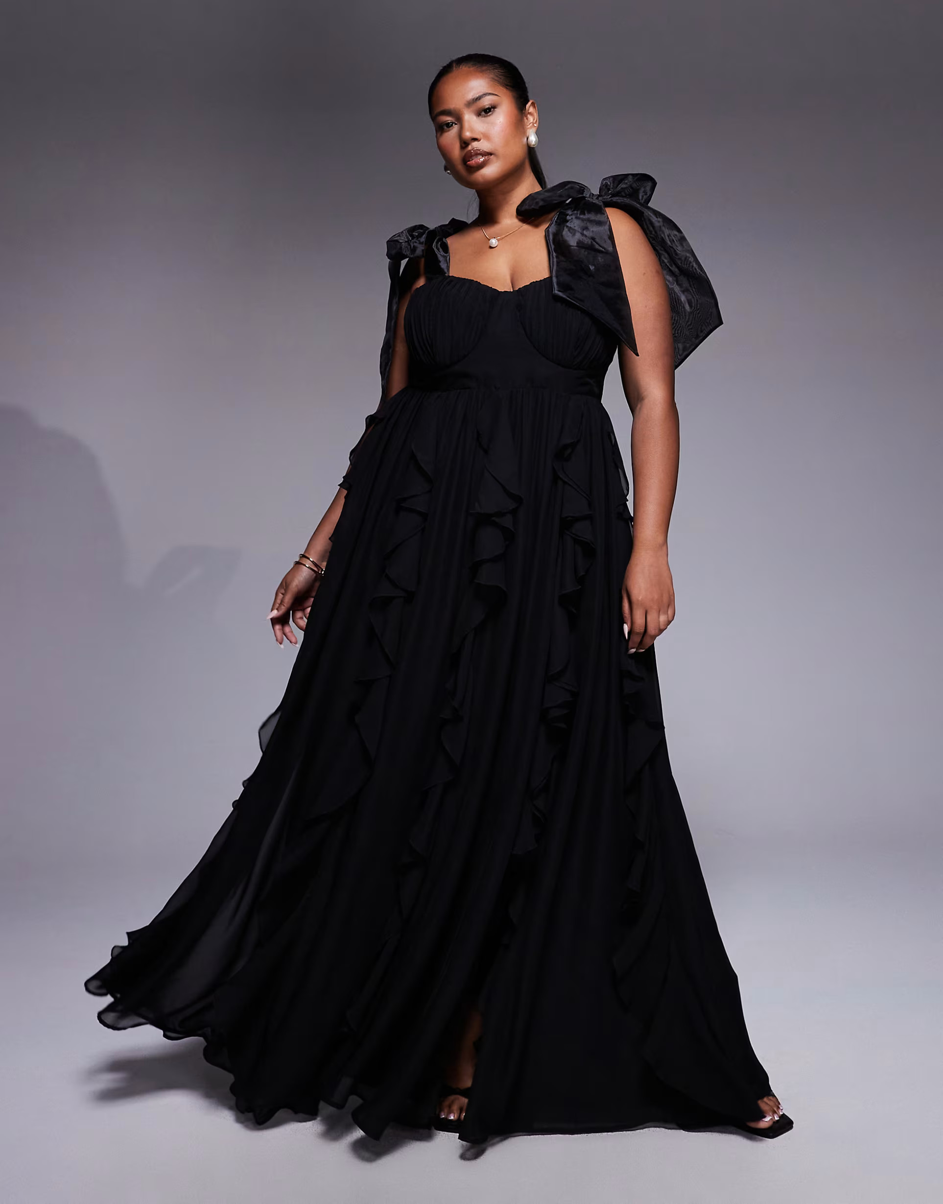 ASOS LUXE Curve maxi dress with waterfall ruffles and tie straps in black | ASOS (Global)