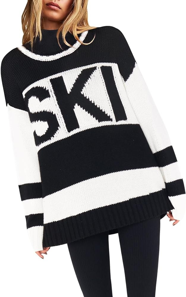 Yousify Womens Sweaters Fall 2024 Oversized Color Block Ski Sweater Crewneck Winter Tops S-2XL | Amazon (US)