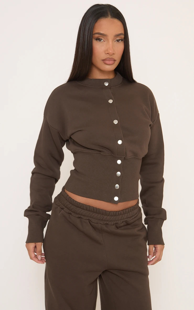 Long Sleeve Popper Detail Cinched Waist Sweatshirt In Brown | EGO Shoes (US & Canada)