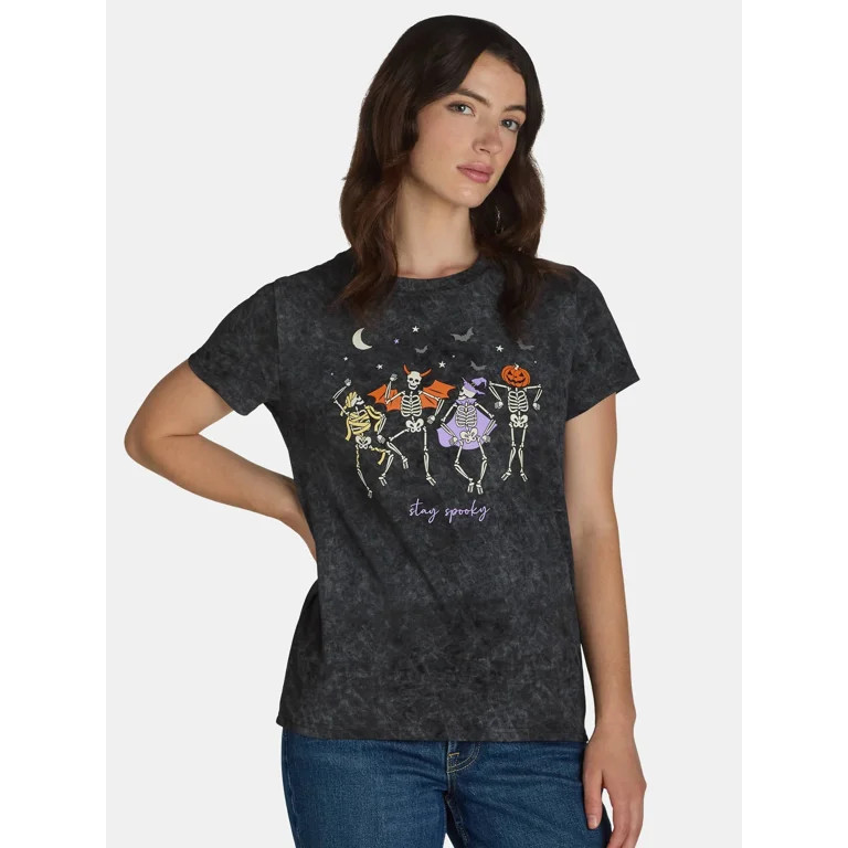 Halloween Women’s Mineral Wash Stay Spooky Graphic Print Tee, Sizes XXS-XXL | Walmart (US)