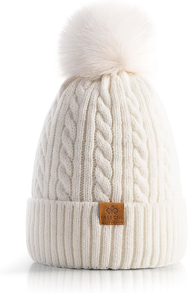 PAGE ONE Women Winter Pom Pom Beanie Hats Warm Fleece Lined,Chunky Trendy Cute Chenille Knit Twis... | Amazon (US)