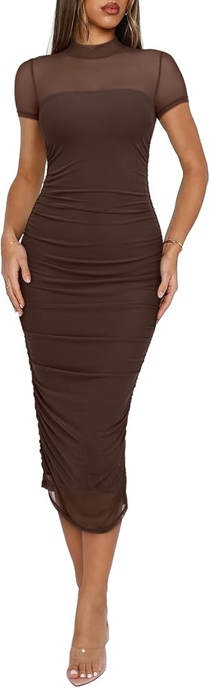 REORIA Women's Fall Mesh Sheer Long Sleeve Midi Ruched Bodycon Dress Mock Neck Elegant Evening Pa... | Amazon (US)
