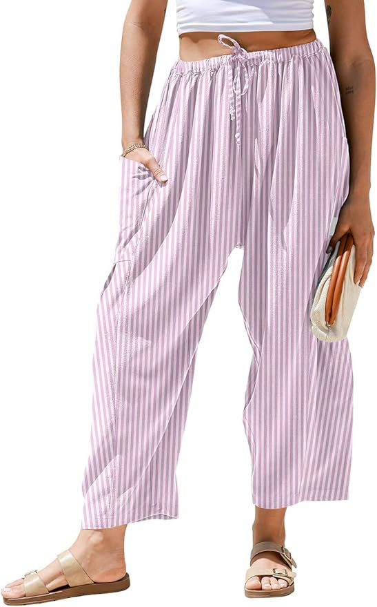 TARSE Womens Linen Wide Leg Striped Pants Casual Barrel Loose Drawstring Low Waist Palazzo Harem ... | Amazon (US)