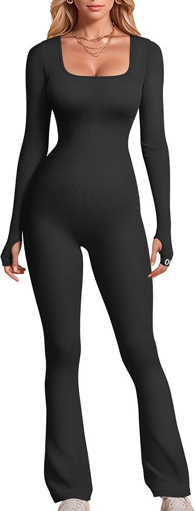 OQQ Women Yoga Jumpsuits Ribbed Square Neck Long Sleeve Bell Bottoms Flare Jumpsuits | Amazon (US)
