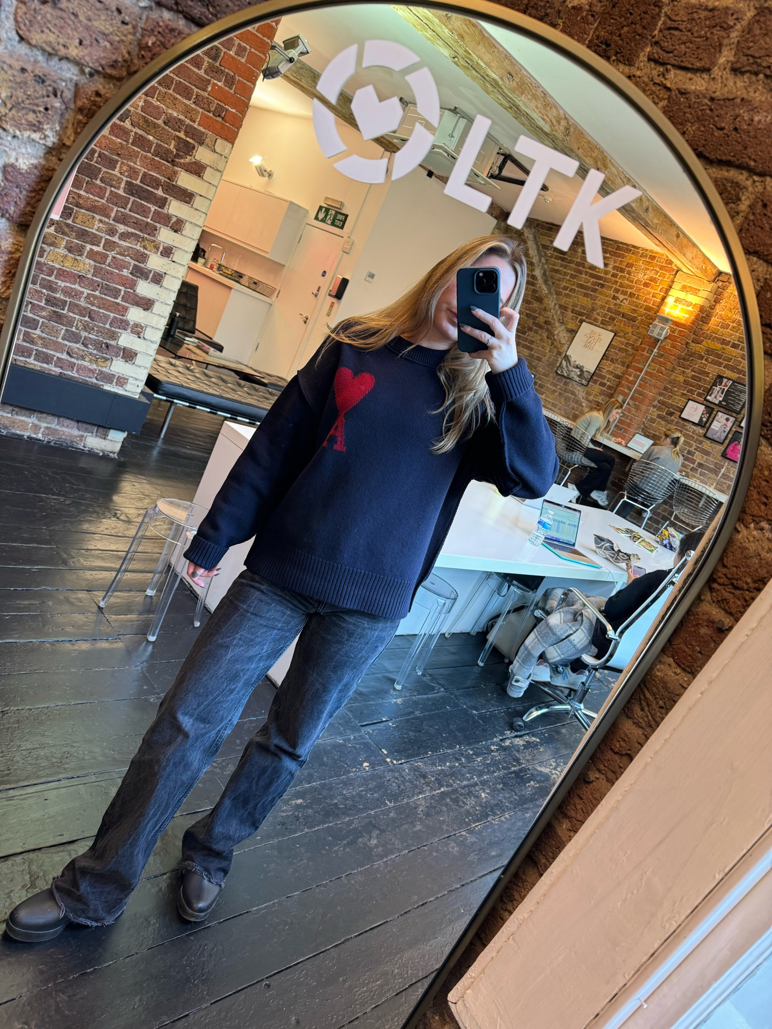 Navy jumper, Ami Paris sweater, black wide leg jeans, Levi jeans, ganni boots, black boots, rubber Chelsea boots, winter look, casual winter work fit, office look, gifts for her, Christmas gift 

#LTKstyletip #LTKworkwear #LTKeurope