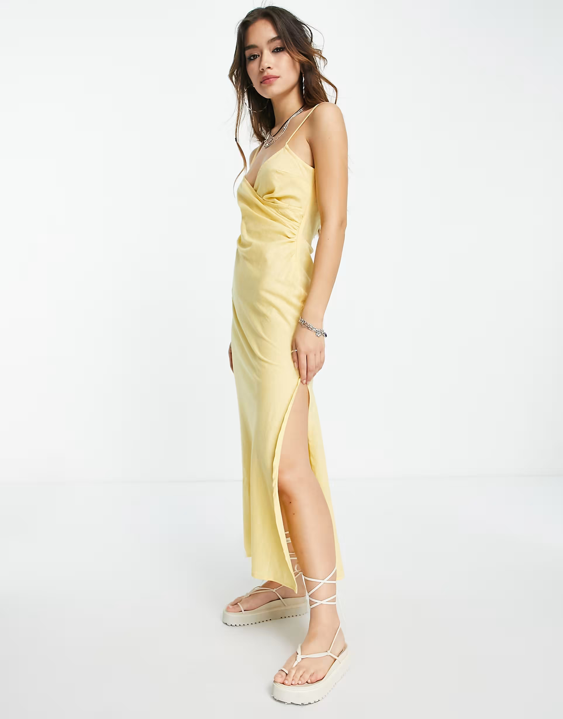 ASOS DESIGN linen strappy ruched side split leg midi sundress in lemon | ASOS (Global)