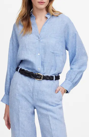 Madewell Shirred Linen Button-Up Shirt in Sunfaded Blue at Nordstrom Rack, Size Medium | Nordstrom Rack