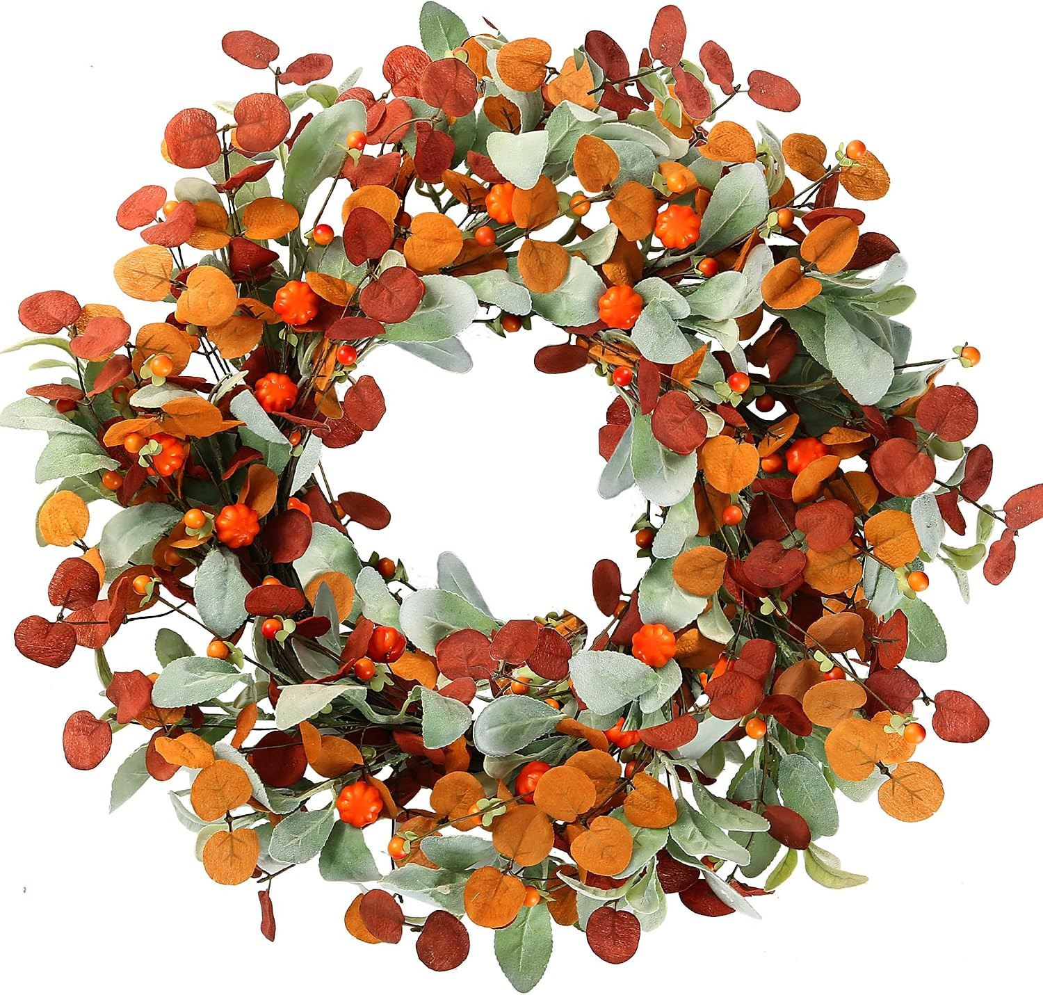 Sggvecsy Fall Wreath 21’’Artificial Autumn Front Door Wreath with Small Pumpkins Silk Eucalyptus Leaves Flocked Lambs Ear for Outside Indoor Wall Window Festival Thanksgiving Harvest Fall Decor | Amazon (US)