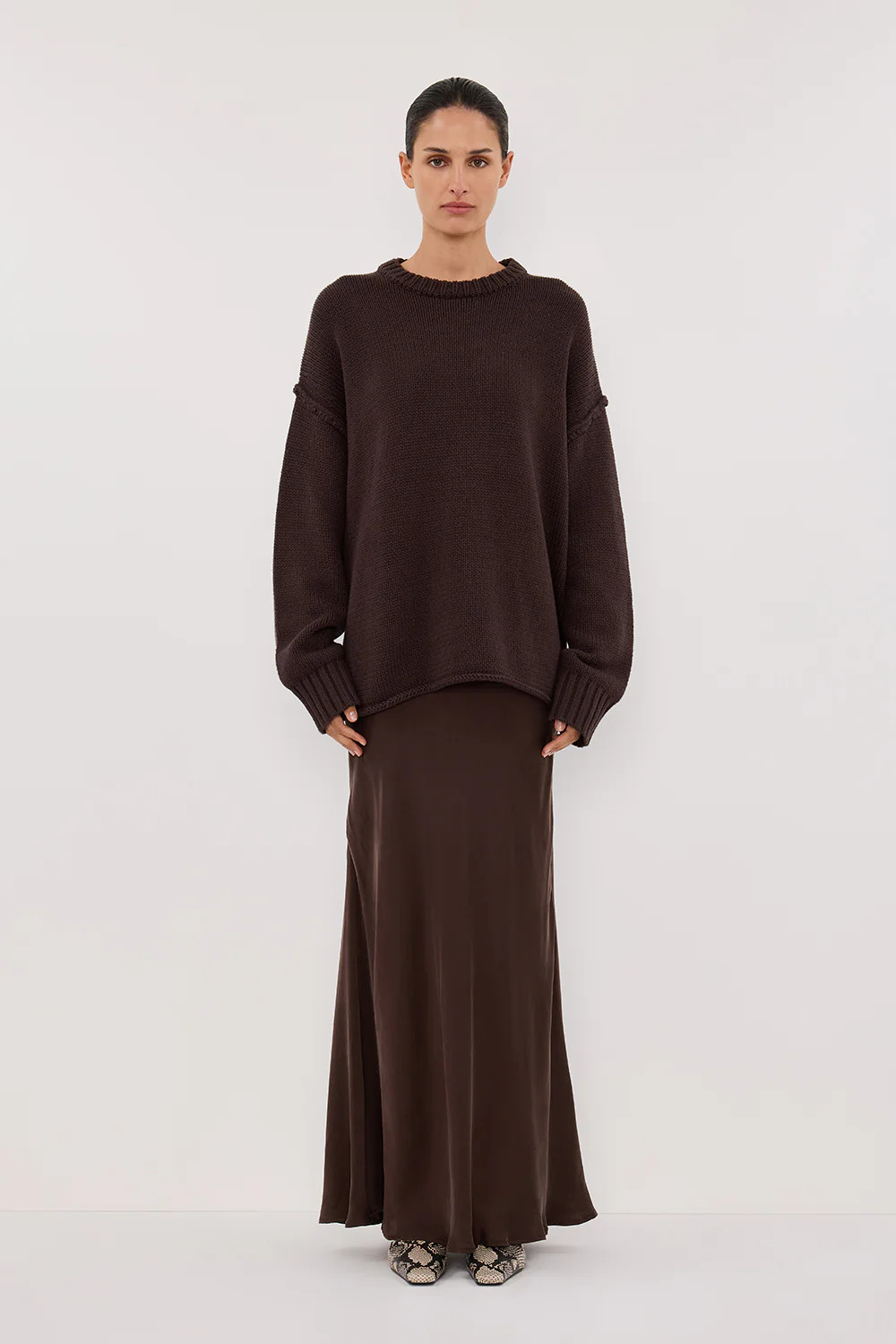 COLETTE BITTER CHOC SILK MIDI SKIRT | DISSH
