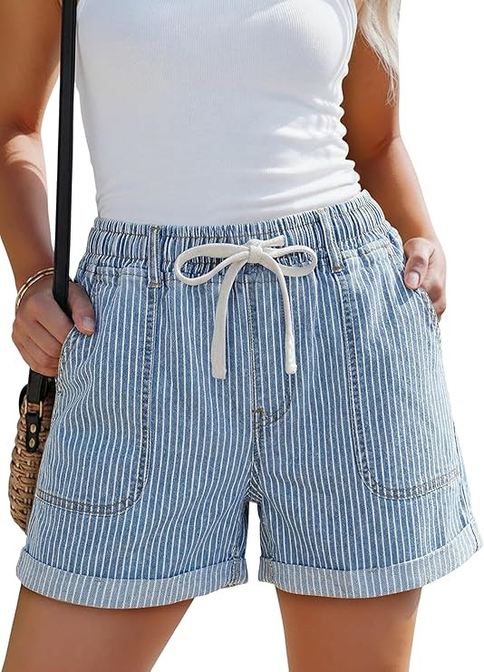 SANMM Jean Shorts Women High Waisted Drawstring Elastic Waist Summer Stretchy Denim Jorts with Po... | Amazon (US)