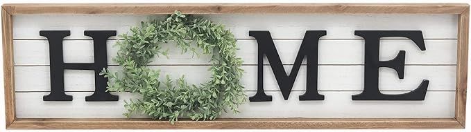 Large Natural Wood Framed Home Sign with Green PVC Wreath, Black 3D Home Letters, Modern Farmhous... | Amazon (US)