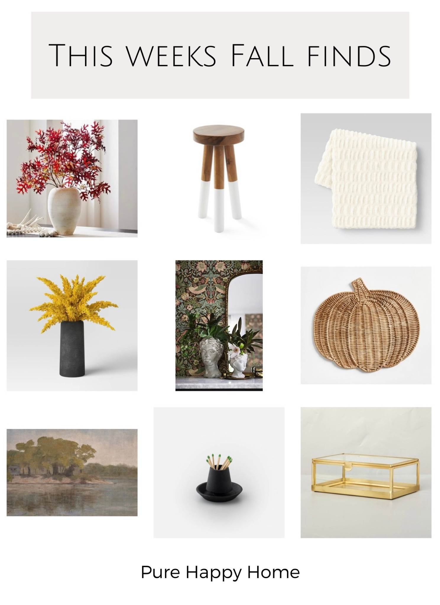 Fall foliage, Pumpkin charger, Paint dipped stool, Glass trinket box, Match striker, Vintage landscape print, Faux rabbit fur blanket

#LTKunder50 #LTKSeasonal #LTKhome