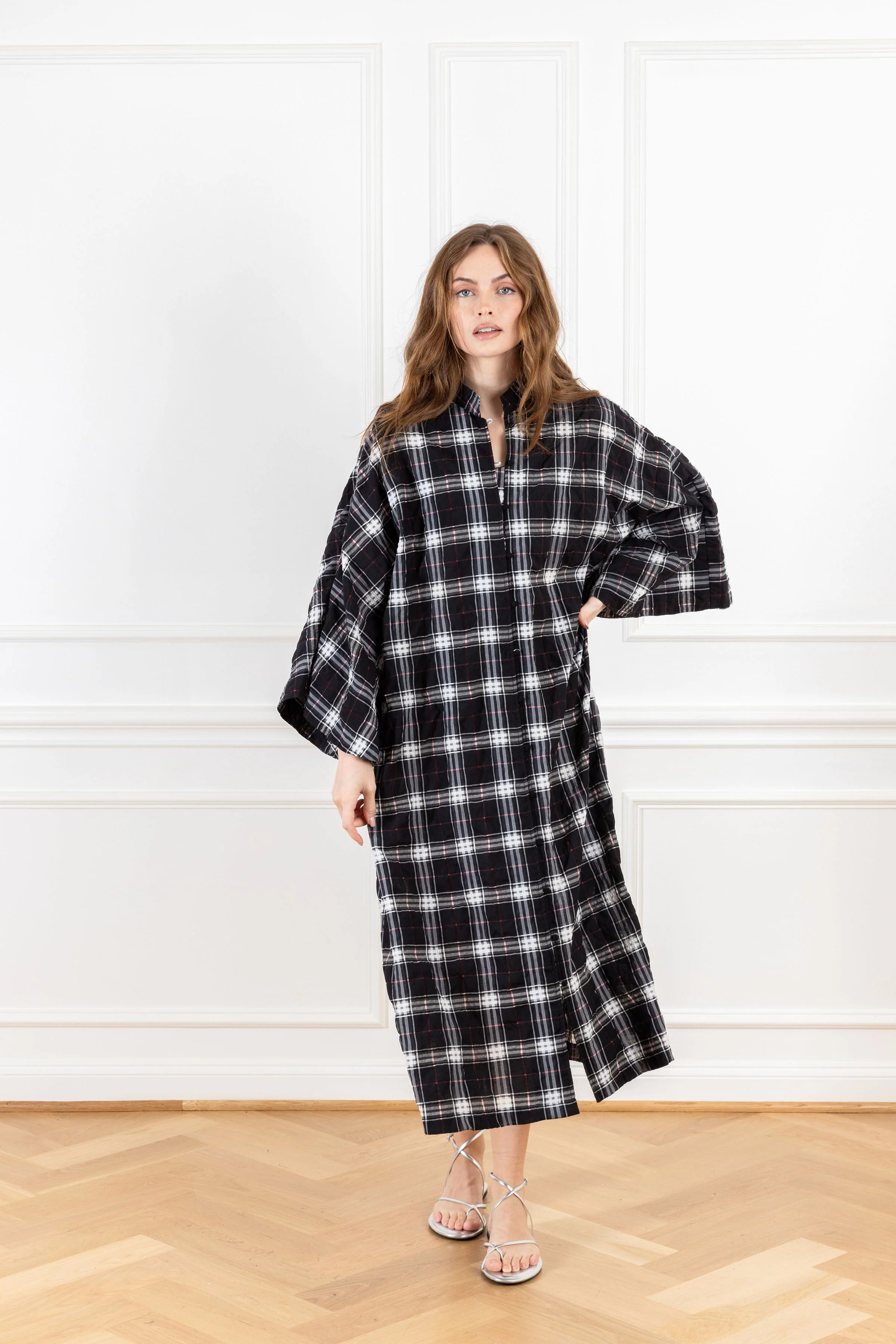 Black Cherry Plaid Maxi Open Front Caftan | La Vie Style House