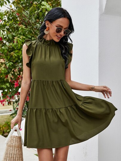 Solid Ruffle Neck Babydoll Dress | SHEIN