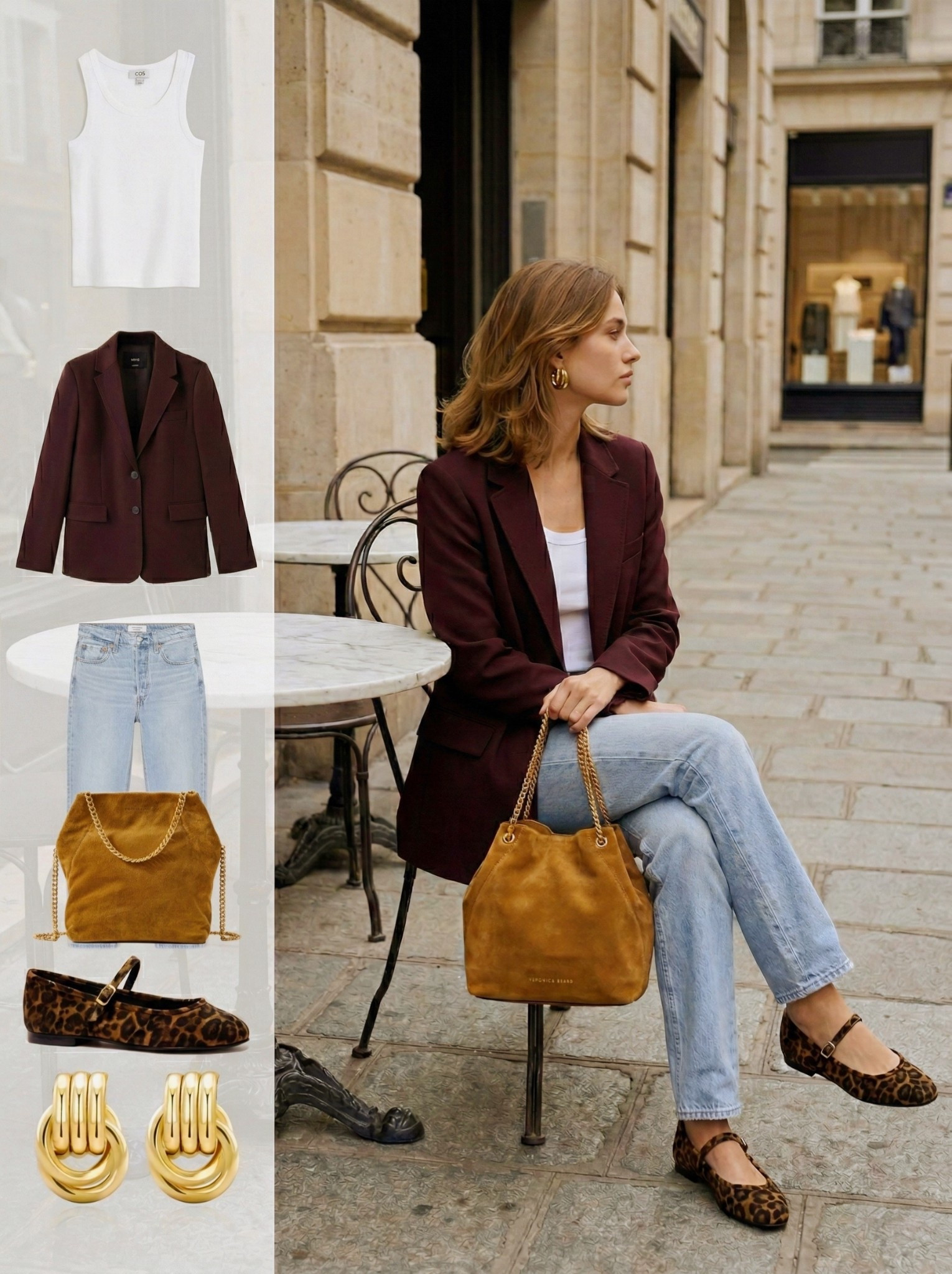 ✨ Burgundy Layers with Chic Parisian Edge ✨

A polished city look built around rich burgundy tailoring and relaxed denim. The structured blazer adds depth and sophistication, layered over a simple white tank that keeps the outfit fresh and balanced.

Light wash straight leg jeans soften the palette and create an easy everyday silhouette. Leopard print Mary Jane flats introduce a playful yet refined statement, while the caramel suede shoulder bag adds warm texture that complements the entire color story. Sculptural gold earrings finish the look with bold, modern shine.

🤎 Style Notes:
• Burgundy tailored blazer for rich structure  
• Classic white tank for a clean base layer  
• Light wash straight leg jeans for relaxed balance  
• Leopard Mary Jane flats for playful sophistication  
• Caramel suede shoulder bag for warm texture  
• Statement gold earrings for modern shine  

Everything linked and ready to shop ✨#LTKChic

 

#LTKootd #LTKSeasonal #LTKgrwm #LTKootd #LTKWorkwear #LTKgrwm #LTKootd #LTKSpringSale