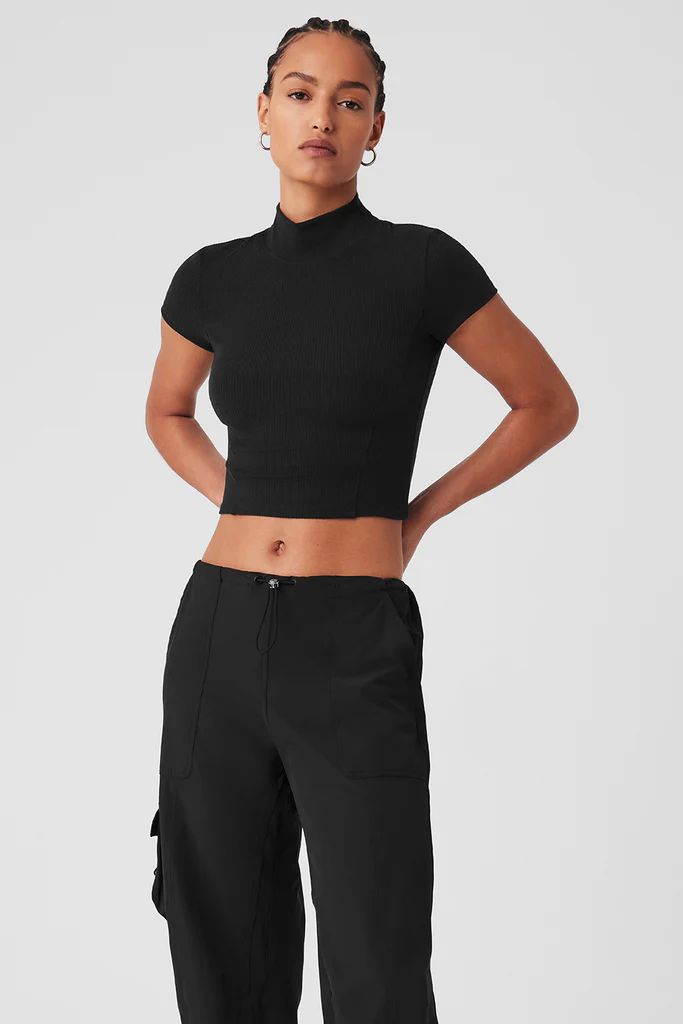 Wellness Rib Mock Neck Polished Short Sleeve - Black | Alo Yoga