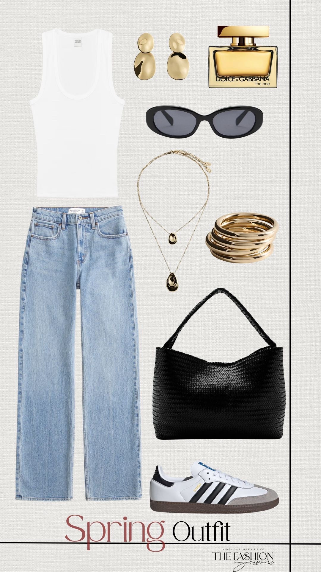 Spring Outfit | White Tank | Denim Jeans | Asidas Sambas | Black Woven Bag | Gold Jewelry 

#LTKSeasonal #LTKgrwm #LTKootd