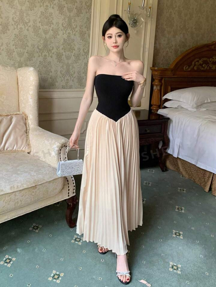 DAZY Women'S Color Block Pleated Strapless Dress Elegant Dress | SHEIN