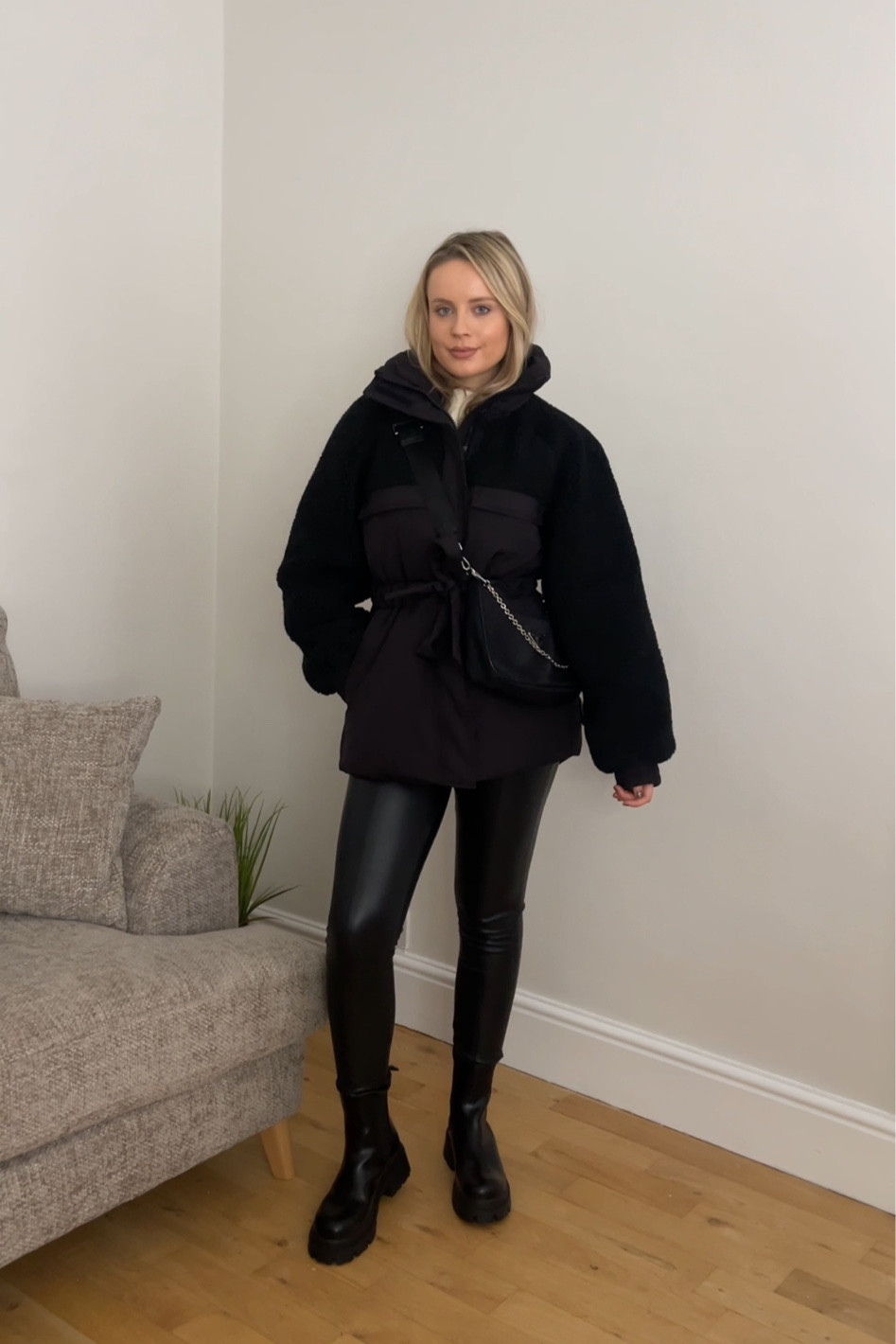 Casual winter outfit winter fashion padded teddy jacket from H&M black Chelsea boots apres chic jumper all black outfit 

#LTKfindsunder100 #LTKSeasonal #LTKeurope