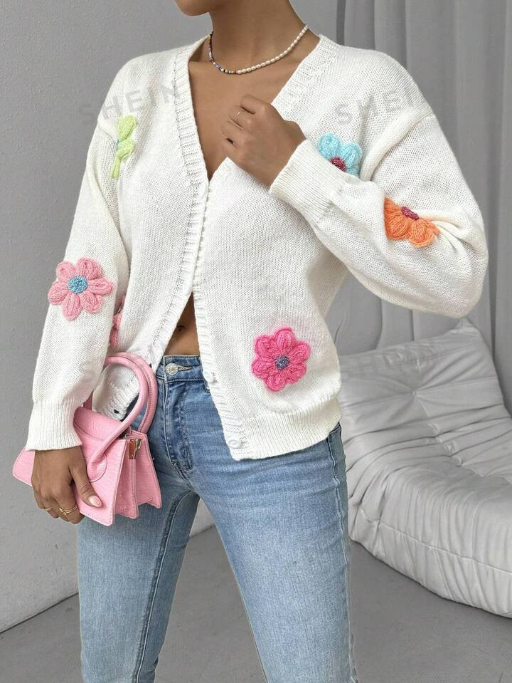 SHEIN Essnce Colorful Flower Decor Button V-Neck Warm Long Sleeve Cardigan, Fashion Knitwear Oute... | SHEIN