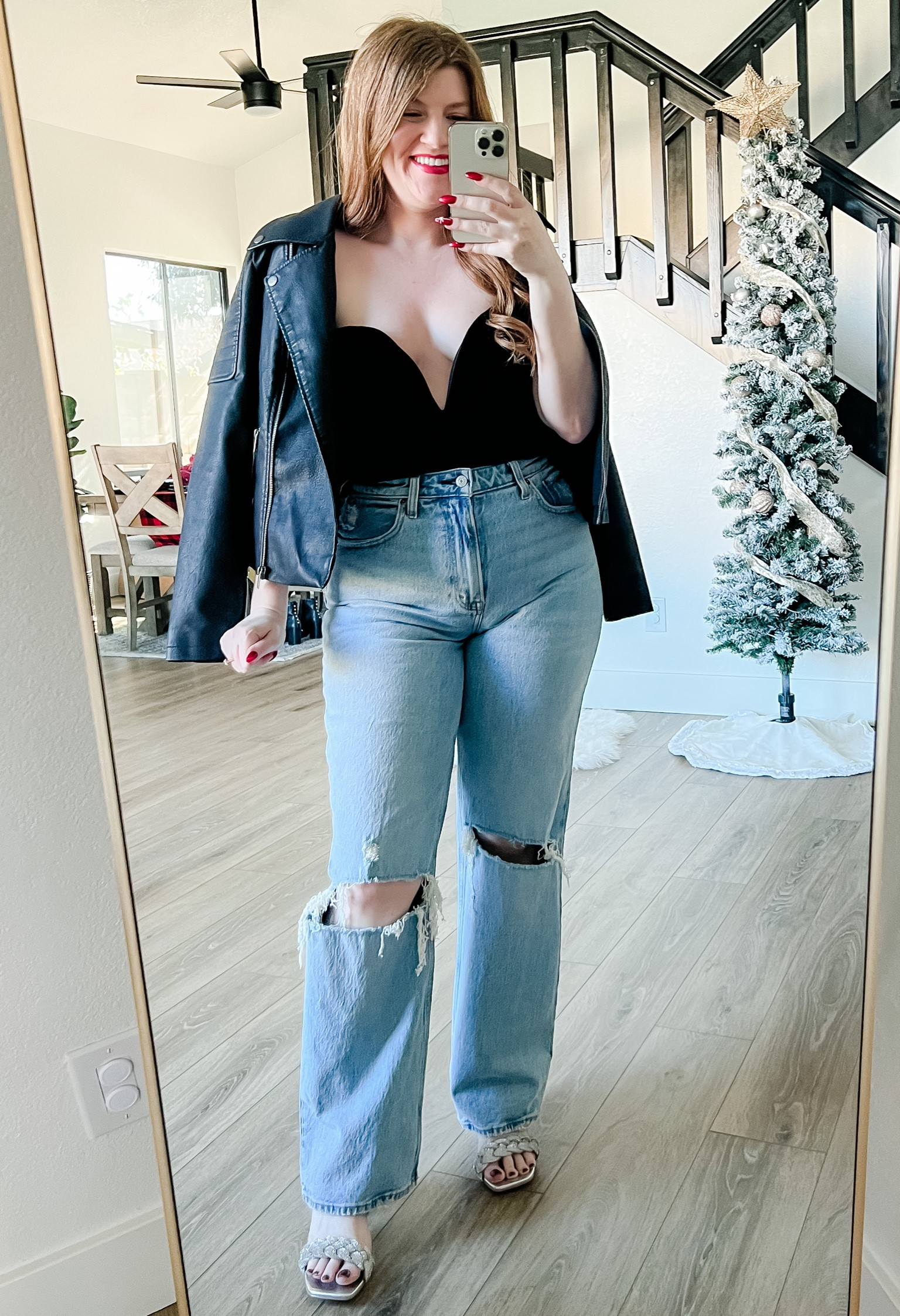 Date night outfit from amazon. Velvet bodysuit from amazon wearing size large. Faux leather jacket size medium. Valentine’s Day outfit. 

#LTKstyletip #LTKSeasonal #LTKunder50