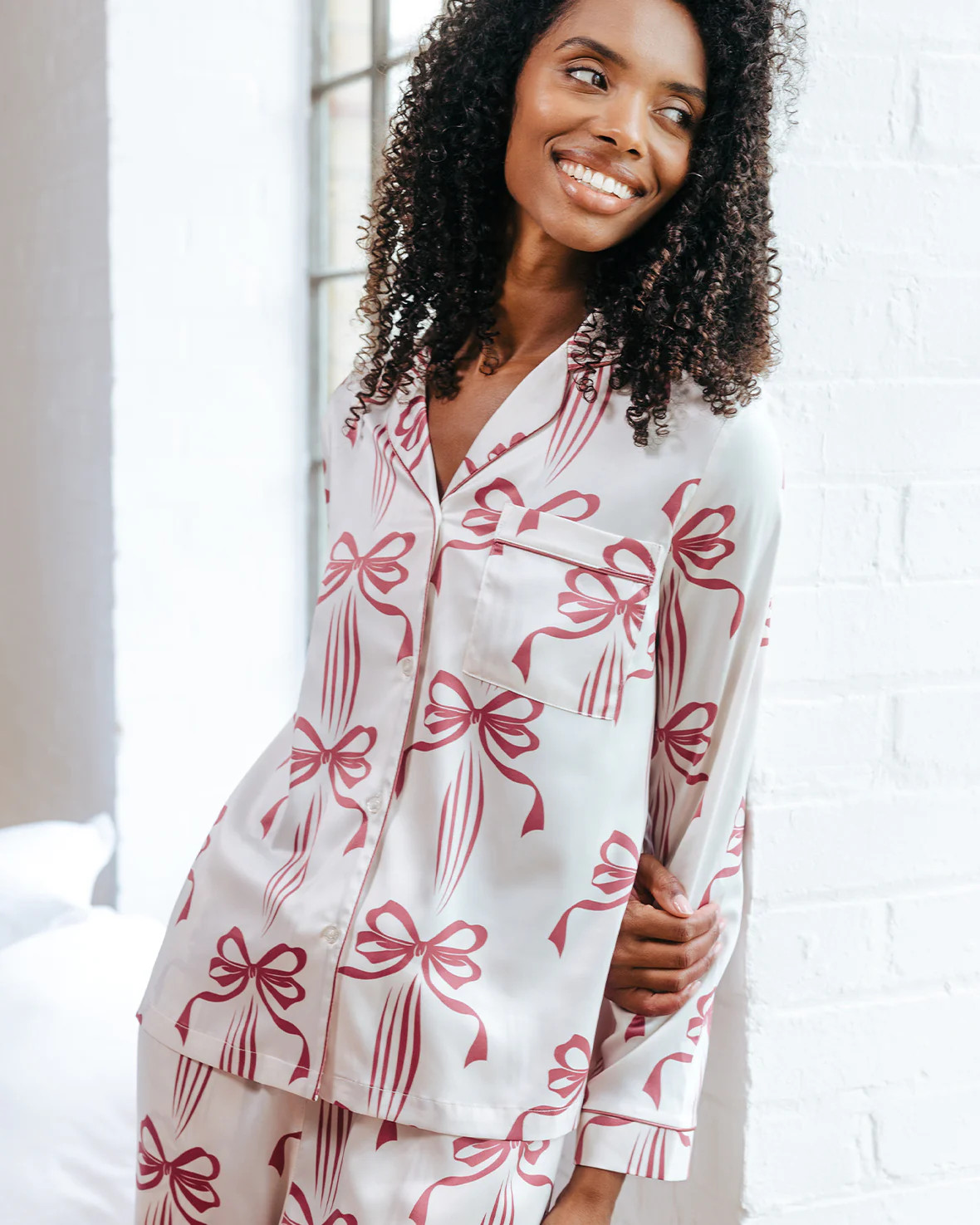 Satin Christmas Ribbon Bow Print Long Pyjama Set | Chelsea Peers NYC