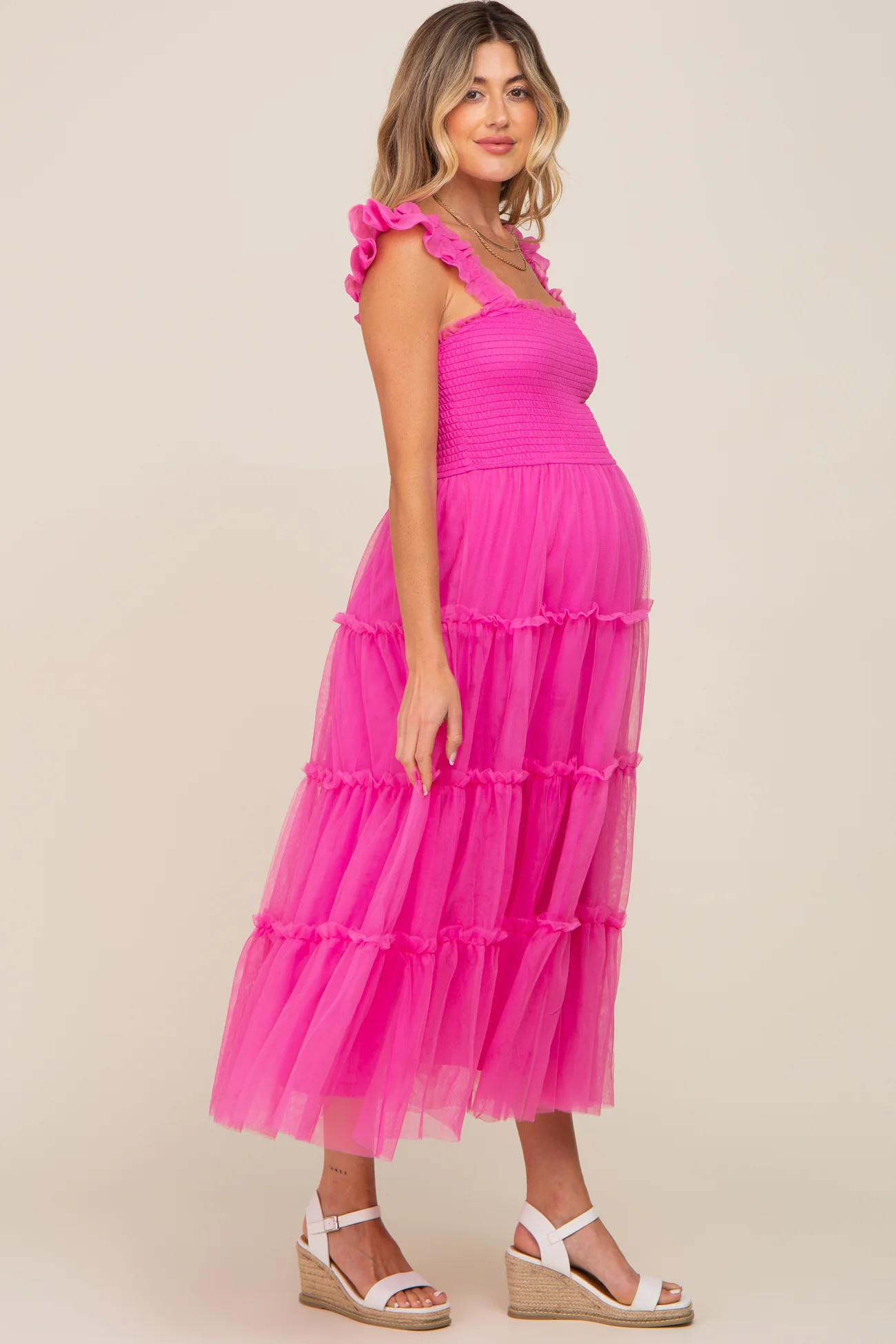 Fuchsia Smocked Mesh Ruffle Accent Maternity Midi Dress | PinkBlush Maternity