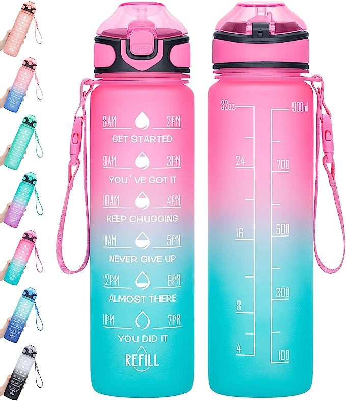 Water Bottle 32oz with Straw, Motivational Water Bottle with Time Marker & Buckle Strap,Leak-Proo... | Amazon (US)