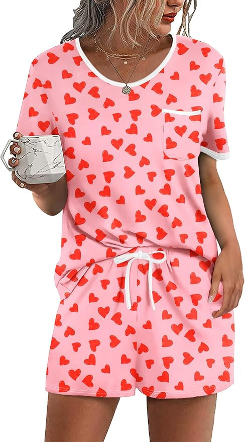 Ekouaer Pajama Set for Women 2 Piece Lounge Set Short Sleeve Tops and Shorts Soft Sleepwear, Ches... | Amazon (US)
