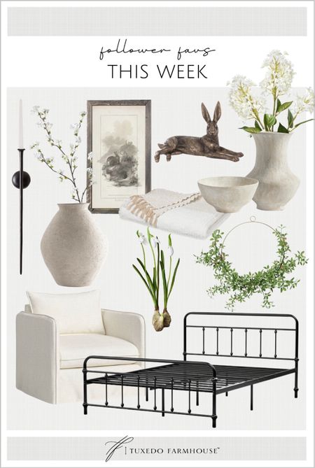 Follower home decor and furniture favorites this week. 

Metal bed frame, accent chairs, spring wreath, candle sconce, pottery vases, decor bowls, bunny decor, bunny art, faux stems, faux flowers, bed throws, spring decor, bedroom  

#LTKFind #LTKhome #LTKSeasonal
