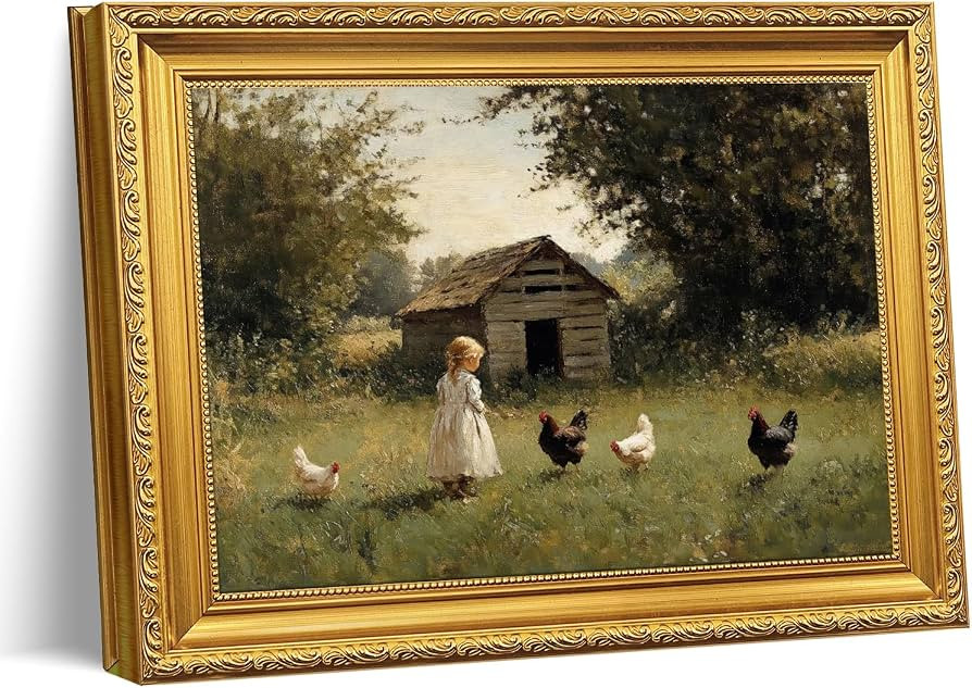 Gold Framed Canvas Wall Art Rustic Girl and Chicken Wall Decor Classic Pastoral Country Landscape... | Amazon (US)