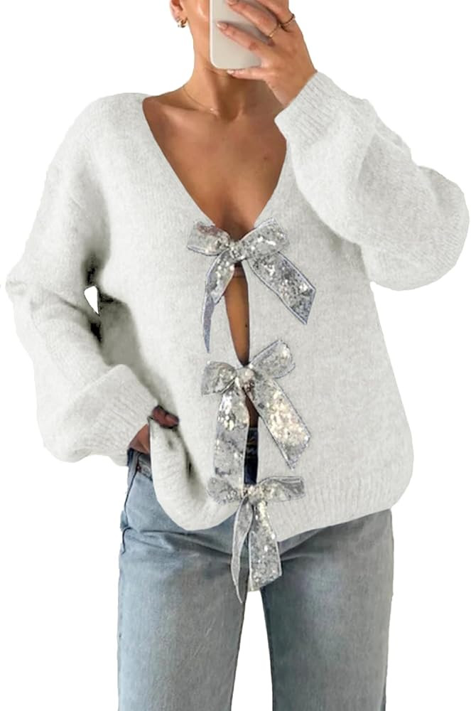 Womens V Neck Long Sleeve Sweaters Fall Trendy Sequin Bow Sexy Loose Knit Pullover Jumper Tops | Amazon (US)