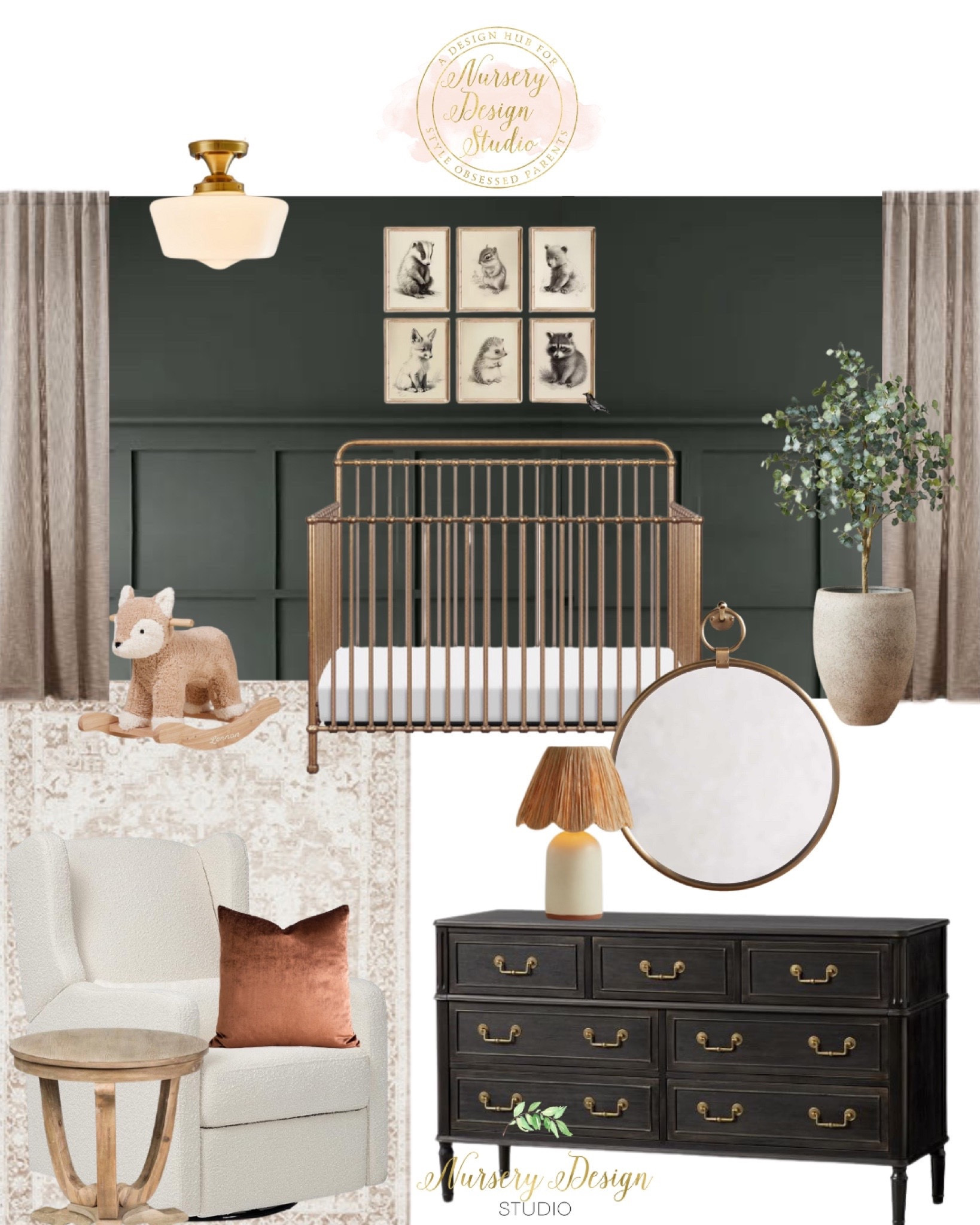Gorgeous moody green nursery, black dresser, glider, gold crib 

#LTKhome #LTKsalealert #LTKstyletip
