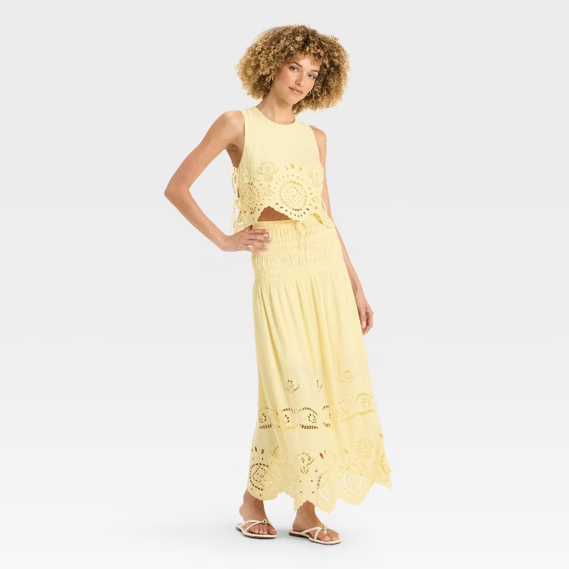 Women's High-RIse Embroidered Eyelet Drop Waist A-Line Skirt - Future Collective Yellow L | Target
