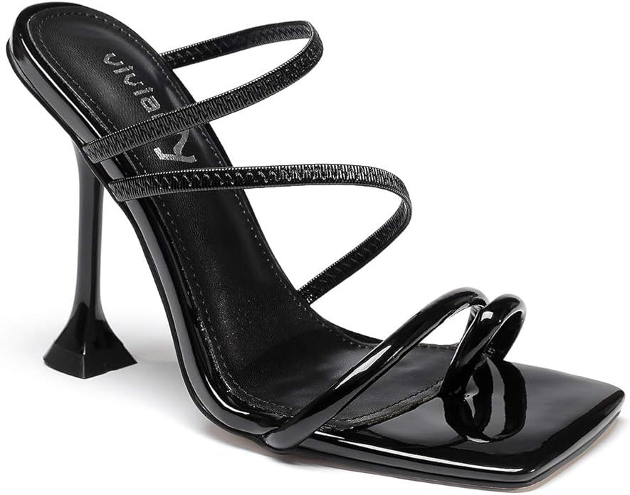 vivianly Women Square Toe Mules Sandals Toe Ring Stiletto Heels Dress Heels Slip on Slipper Party Sh | Amazon (US)