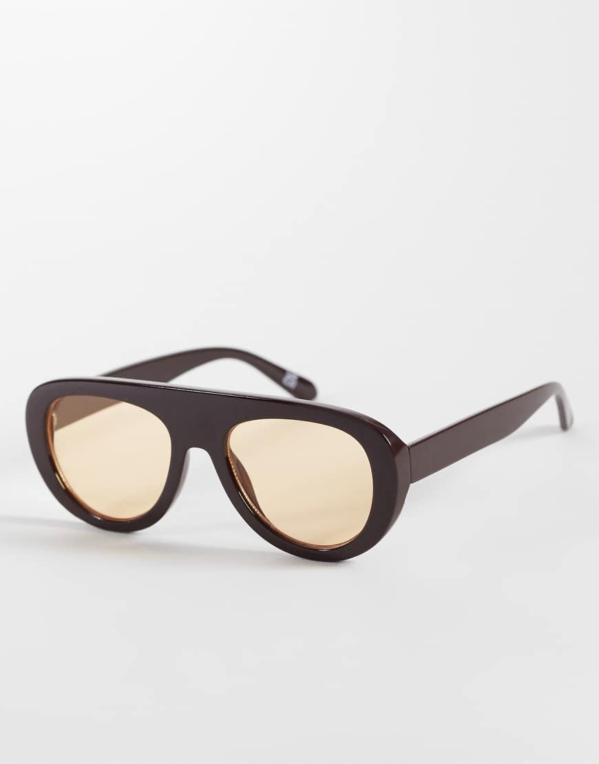 Reclaimed Vintage aviator sunglasses with yellow lens in chocolate brown | ASOS (Global)