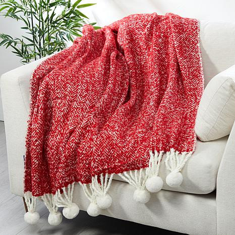 Emryn House Woven Herringbone Throw with Pompoms | HSN